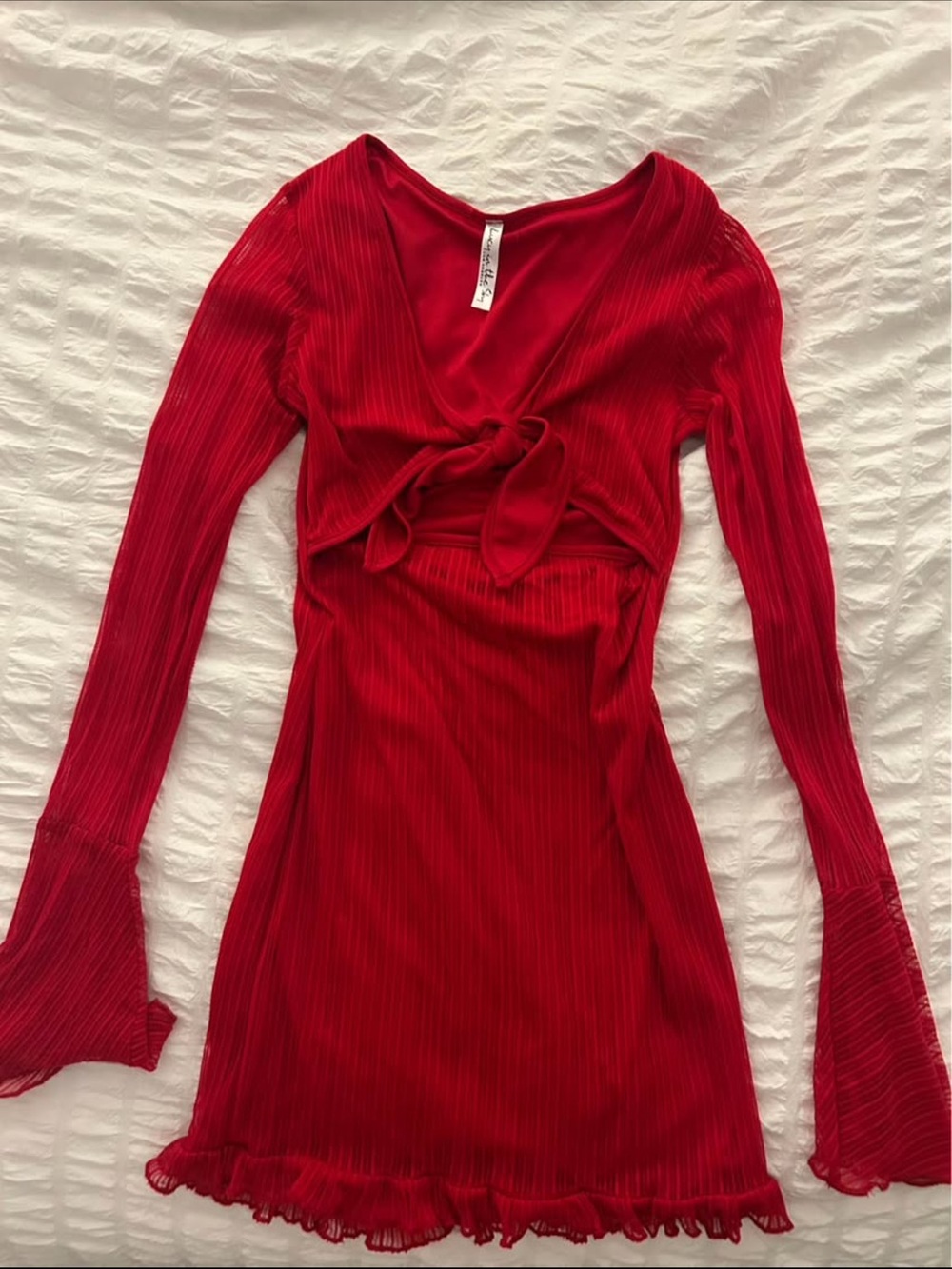 Lucy in the Sky Red Ribbed Tie-Front Long Sleeve short Dress